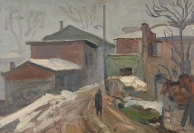 Makrinitsa, Entering the Village — Oil painting, Fiberboard, 38.00×55.00cm — Theodoros Markellos